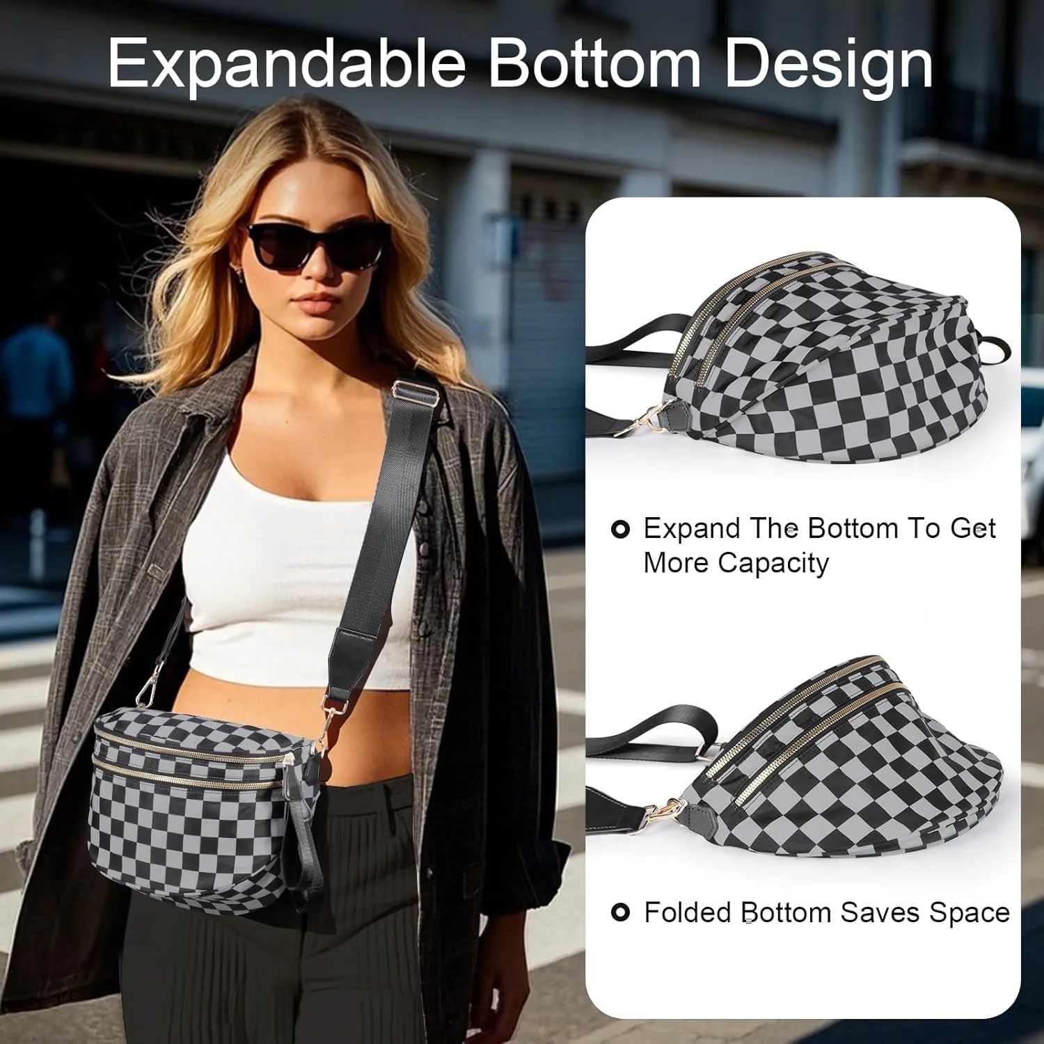 Bum Bags for Women Checkered Crossbody Bag with Removable Wallets Large Nylon Belt Purse Fanny Packs, Bonus with a Extra Strap