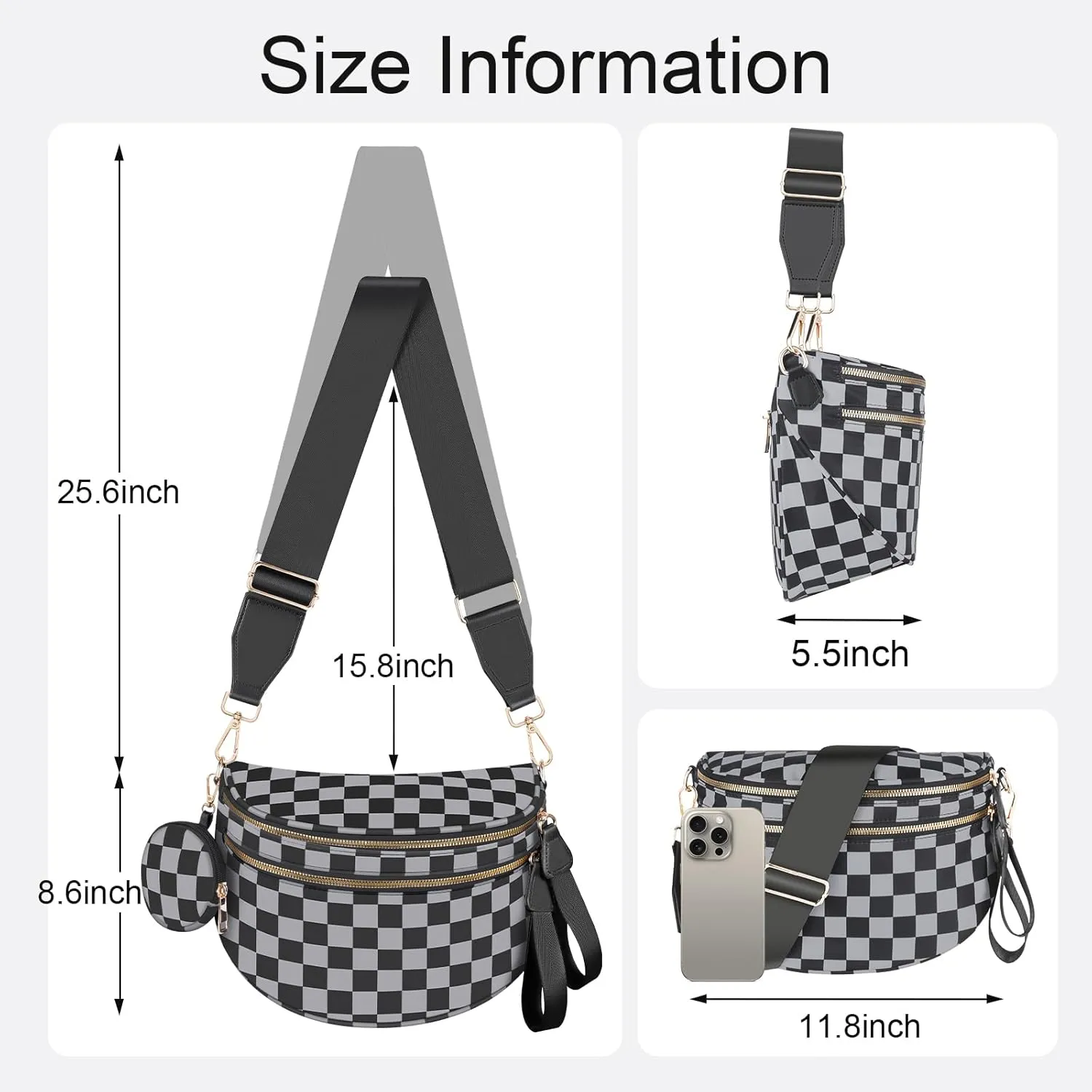Bum Bags for Women Checkered Crossbody Bag with Removable Wallets Large Nylon Belt Purse Fanny Packs, Bonus with a Extra Strap