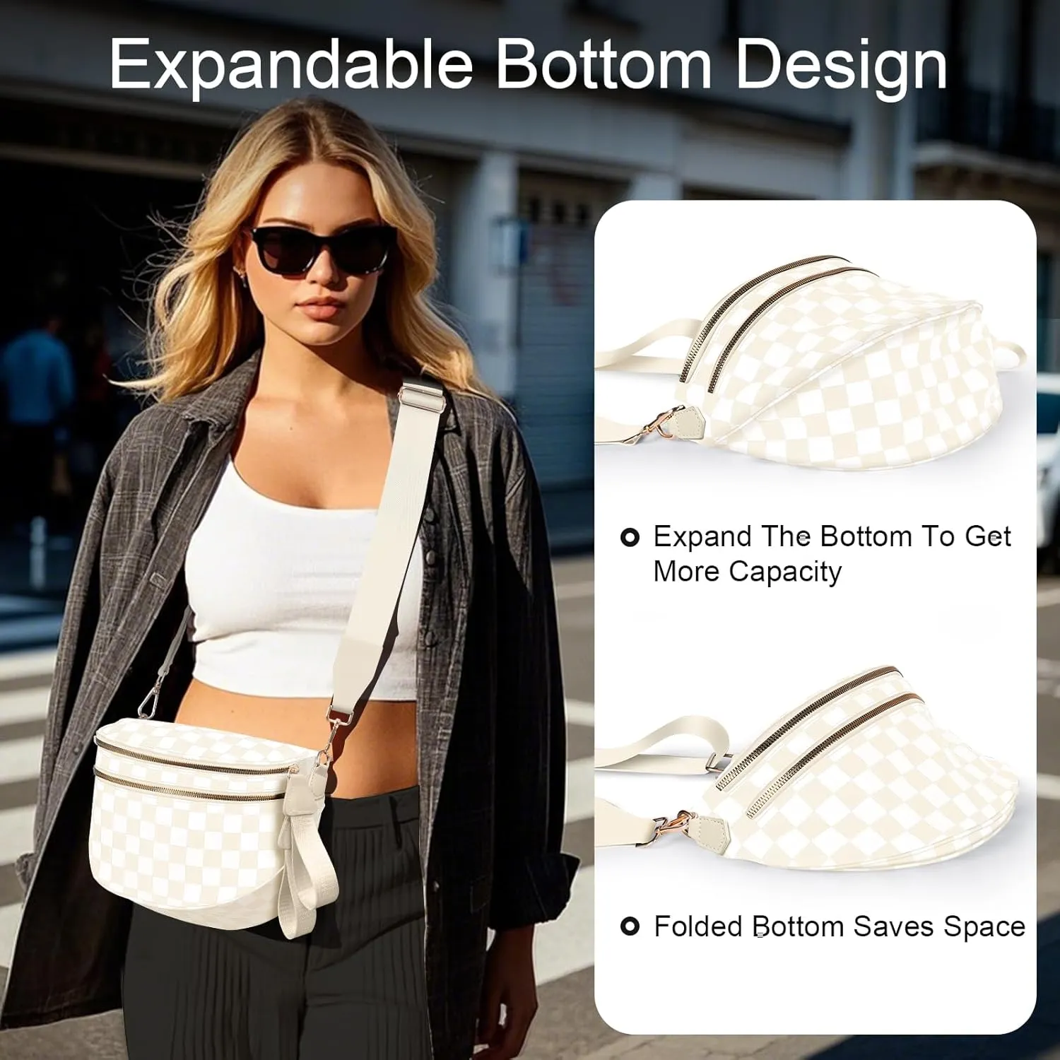 Bum Bags for Women Checkered Crossbody Bag with Removable Wallets Large Nylon Belt Purse Fanny Packs, Bonus with a Extra Strap