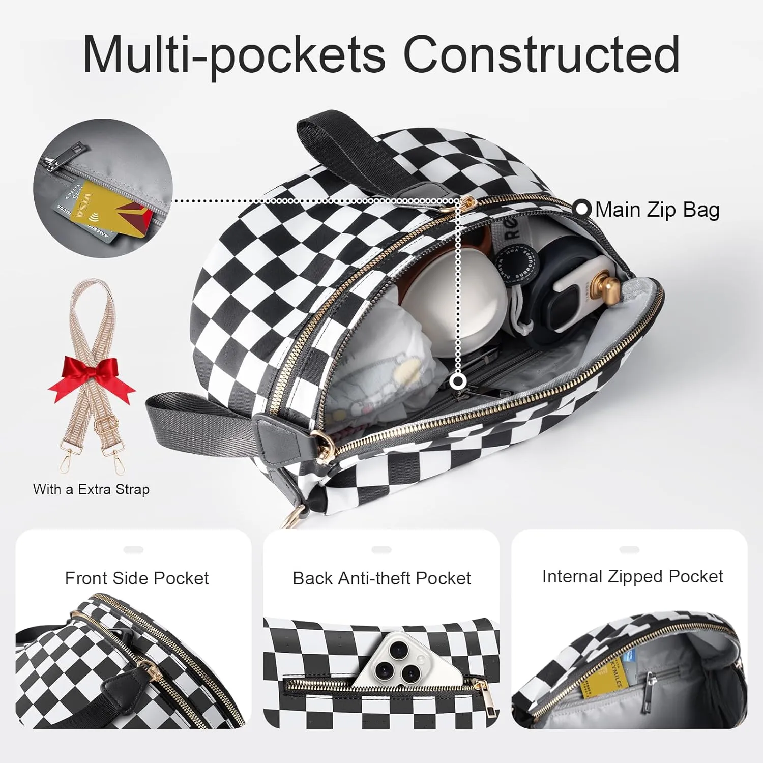 Bum Bags for Women Checkered Crossbody Bag with Removable Wallets Large Nylon Belt Purse Fanny Packs, Bonus with a Extra Strap