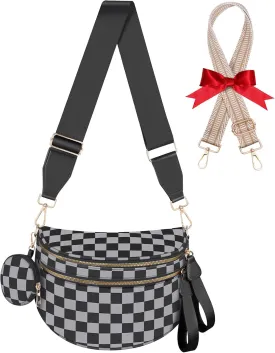 Bum Bags for Women Checkered Crossbody Bag with Removable Wallets Large Nylon Belt Purse Fanny Packs, Bonus with a Extra Strap