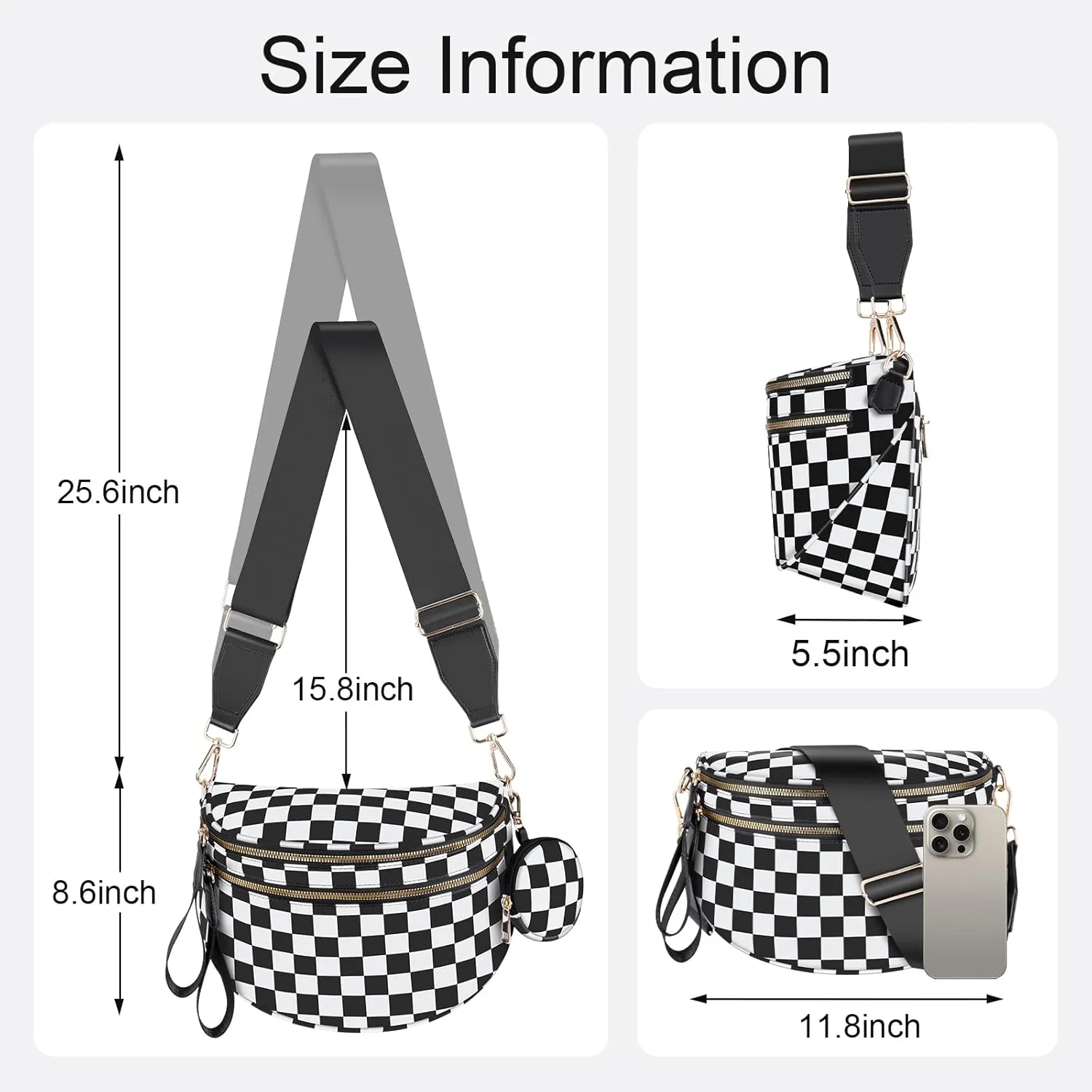 Bum Bags for Women Checkered Crossbody Bag with Removable Wallets Large Nylon Belt Purse Fanny Packs, Bonus with a Extra Strap