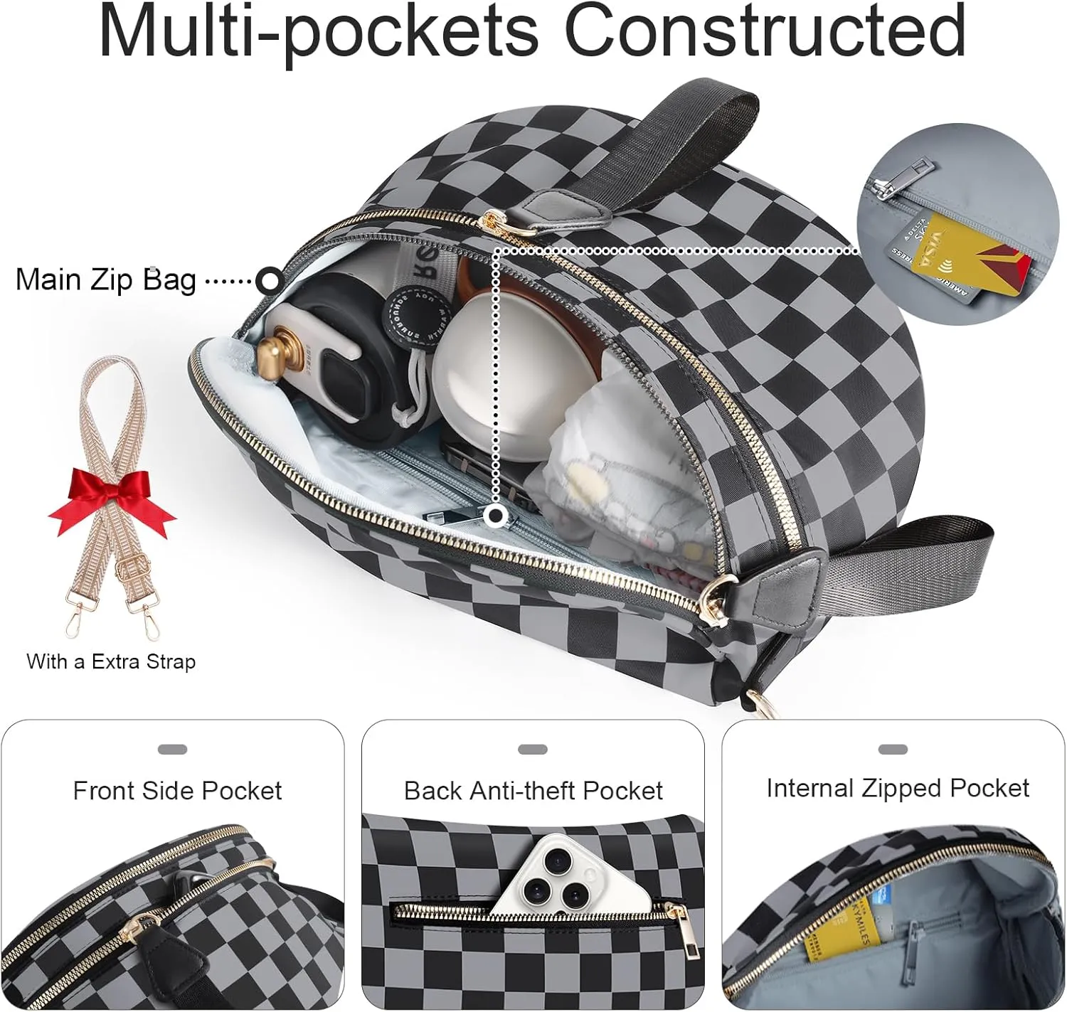 Bum Bags for Women Checkered Crossbody Bag with Removable Wallets Large Nylon Belt Purse Fanny Packs, Bonus with a Extra Strap