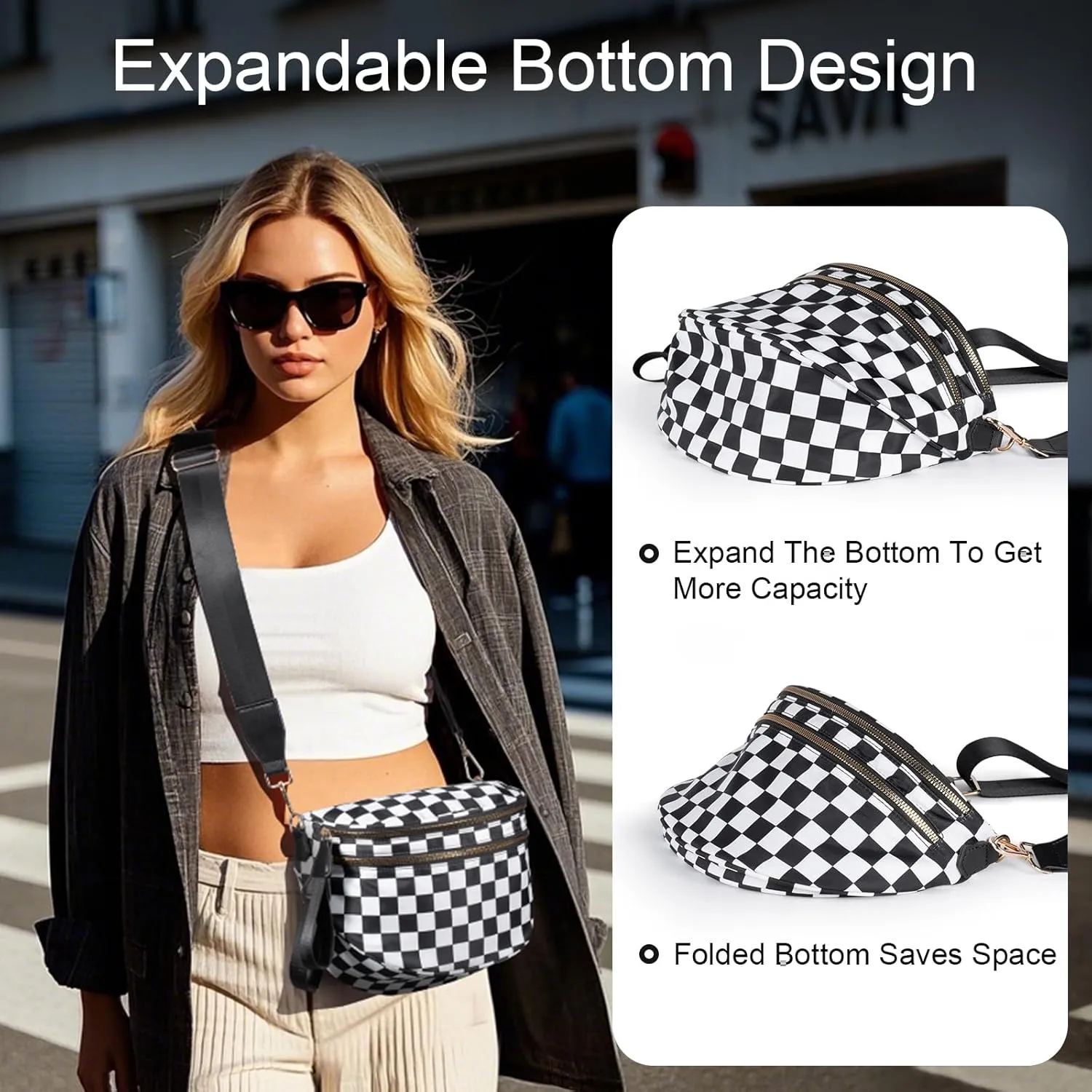 Bum Bags for Women Checkered Crossbody Bag with Removable Wallets Large Nylon Belt Purse Fanny Packs, Bonus with a Extra Strap
