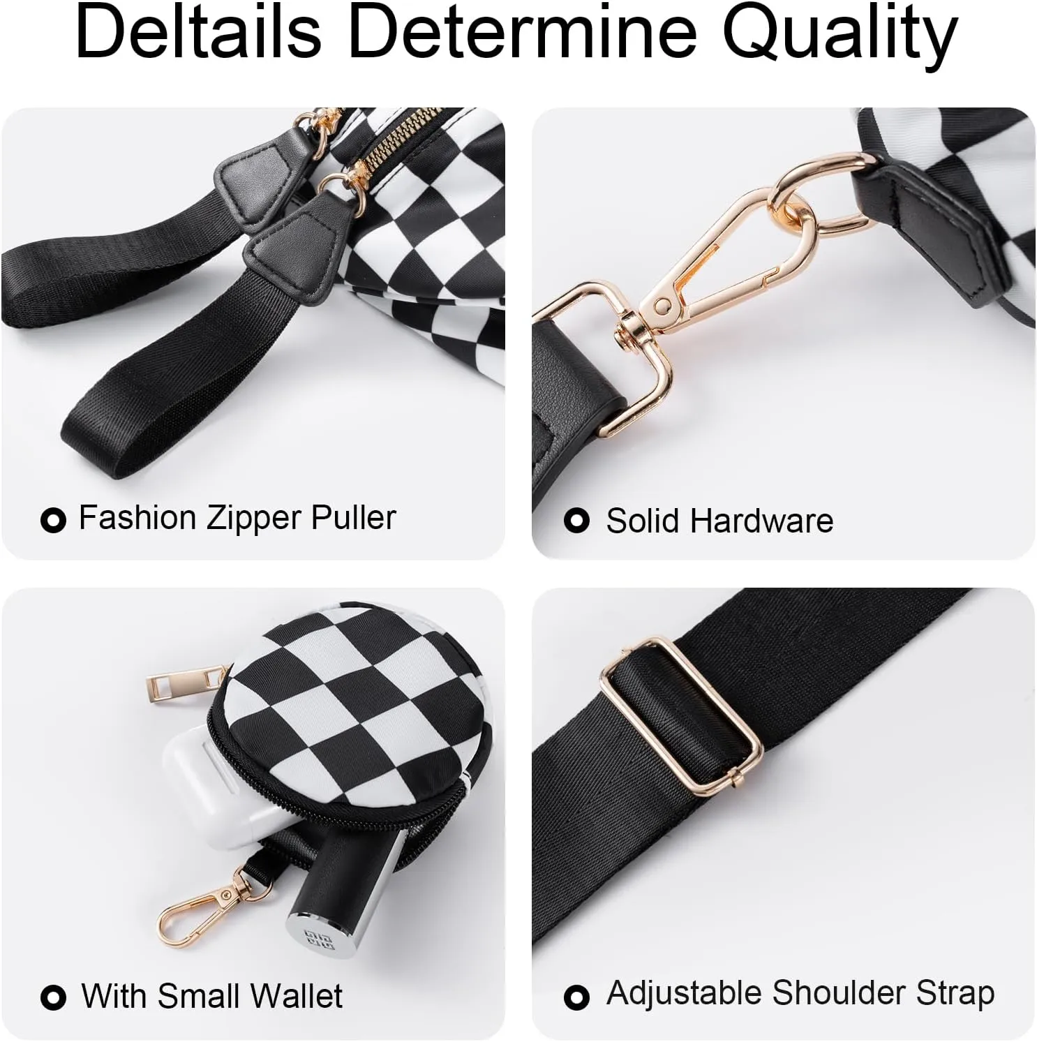 Bum Bags for Women Checkered Crossbody Bag with Removable Wallets Large Nylon Belt Purse Fanny Packs, Bonus with a Extra Strap