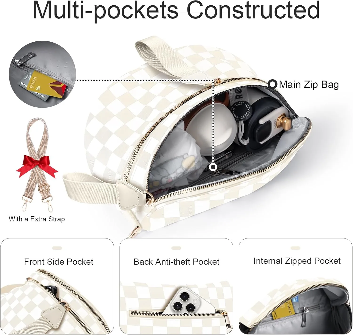 Bum Bags for Women Checkered Crossbody Bag with Removable Wallets Large Nylon Belt Purse Fanny Packs, Bonus with a Extra Strap