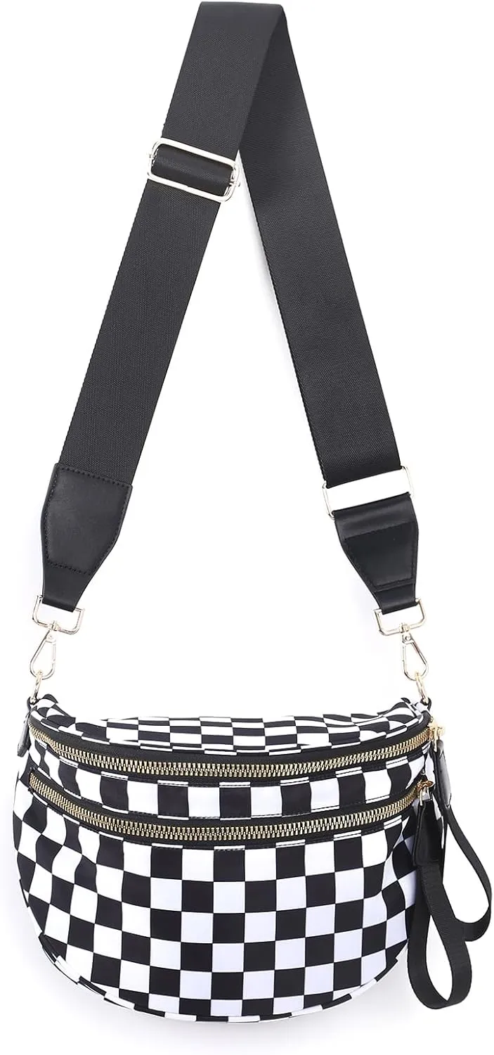 Checkered Crossbody Bags Bum Bag for Women Large Sling Bag Purse with Adjustable Strap??Black Checkered??