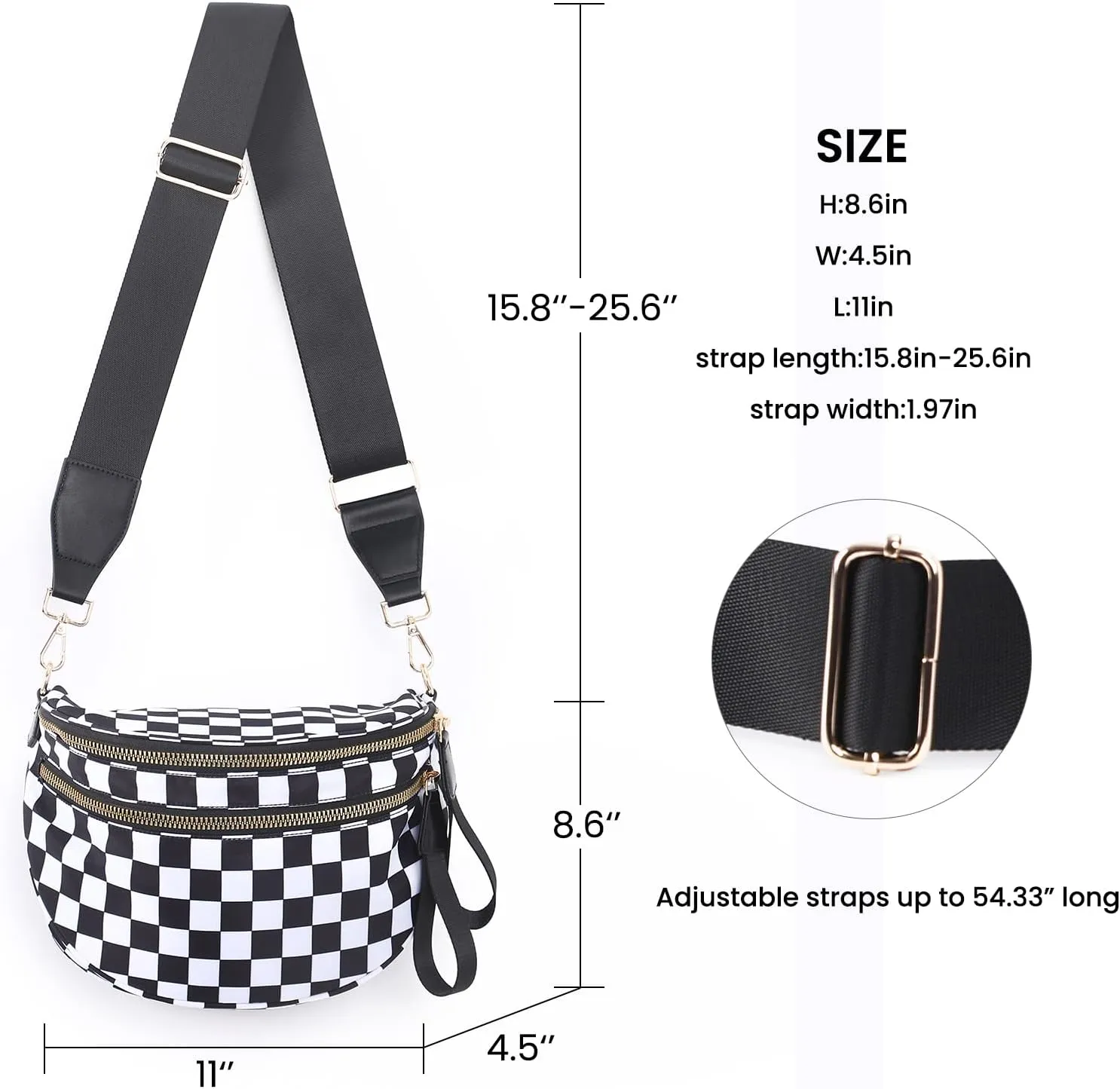 Checkered Crossbody Bags Bum Bag for Women Large Sling Bag Purse with Adjustable Strap??Black Checkered??