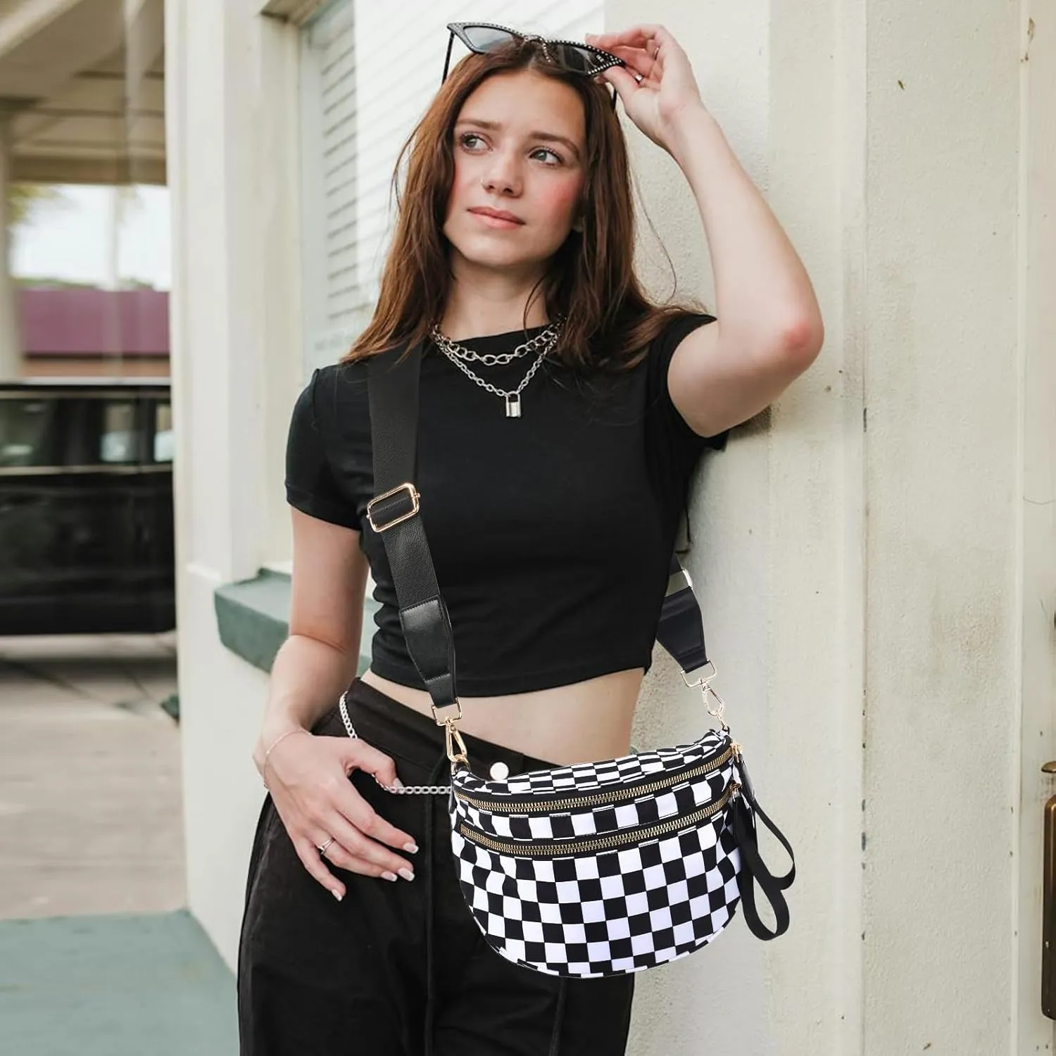 Checkered Crossbody Bags Bum Bag for Women Large Sling Bag Purse with Adjustable Strap??Black Checkered??