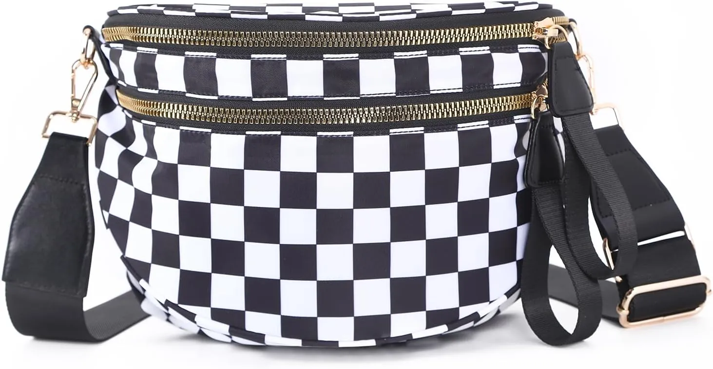 Checkered Crossbody Bags Bum Bag for Women Large Sling Bag Purse with Adjustable Strap??Black Checkered??