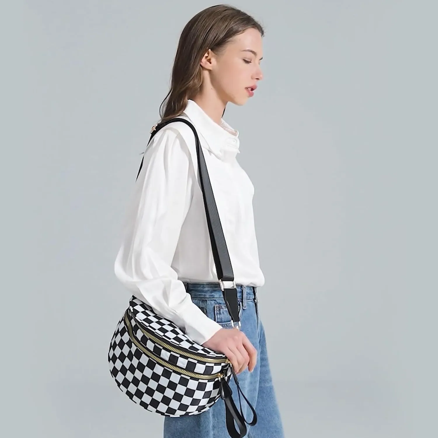 Checkered Crossbody Bags Bum Bag for Women Large Sling Bag Purse with Adjustable Strap??Black Checkered??