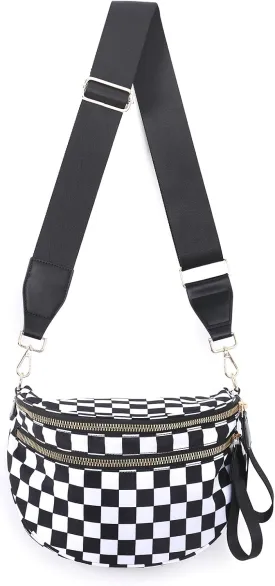 Checkered Crossbody Bags Bum Bag for Women Large Sling Bag Purse with Adjustable Strap??Black Checkered??
