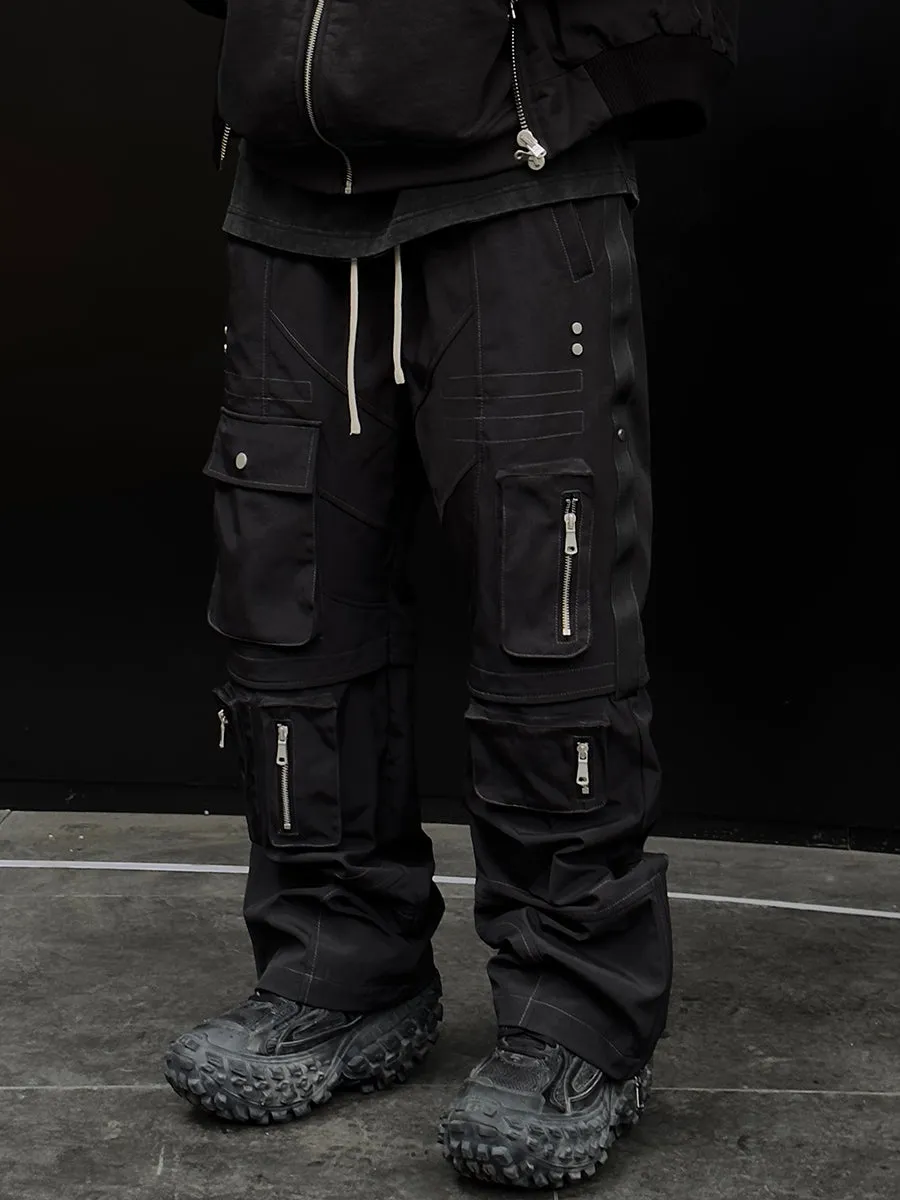F2CE Nylon Multi Pocket Micro Flare Straight Leg Zipper Pants