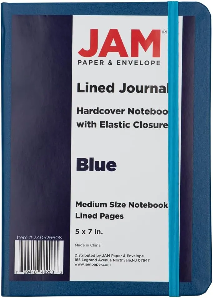 JAM Paper Hardcover Notebook with Elastic Band - Medium Journal - 5 x 7 - Blue - 100 Lined Sheets - Sold Individually