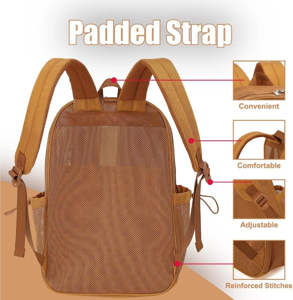 Mesh Backpack for Girls Boys, Heavy Duty Semi-Transparent Mesh Bookbag Womens Mens Mesh Backpacks for School, Sports, Beach, Swimming, Travel Khaki