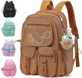 Mesh Backpack for Girls Boys, Heavy Duty Semi-Transparent Mesh Bookbag Womens Mens Mesh Backpacks for School, Sports, Beach, Swimming, Travel Khaki