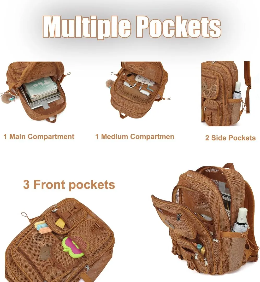 Mesh Backpack for Girls Boys, Heavy Duty Semi-Transparent Mesh Bookbag Womens Mens Mesh Backpacks for School, Sports, Beach, Swimming, Travel Khaki