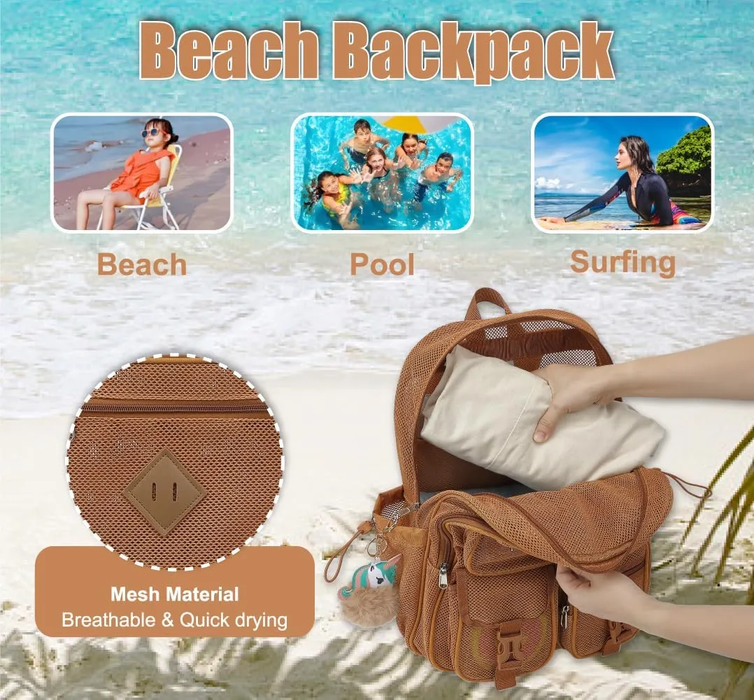 Mesh Backpack for Girls Boys, Heavy Duty Semi-Transparent Mesh Bookbag Womens Mens Mesh Backpacks for School, Sports, Beach, Swimming, Travel Khaki