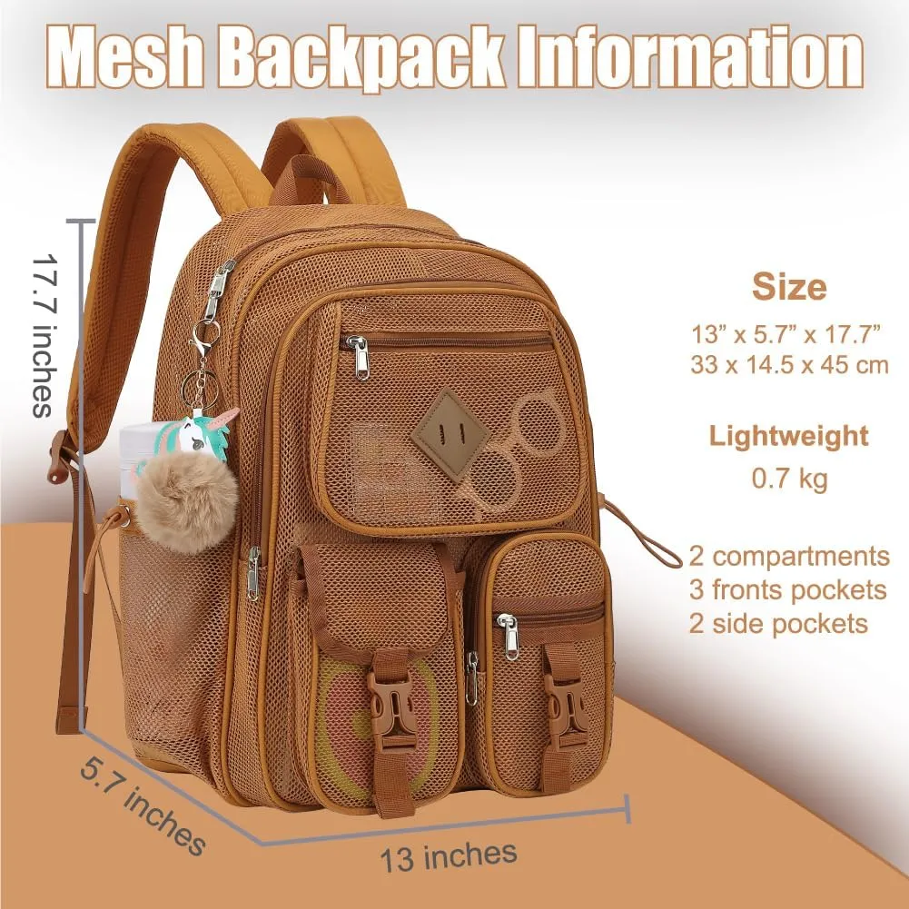 Mesh Backpack for Girls Boys, Heavy Duty Semi-Transparent Mesh Bookbag Womens Mens Mesh Backpacks for School, Sports, Beach, Swimming, Travel Khaki
