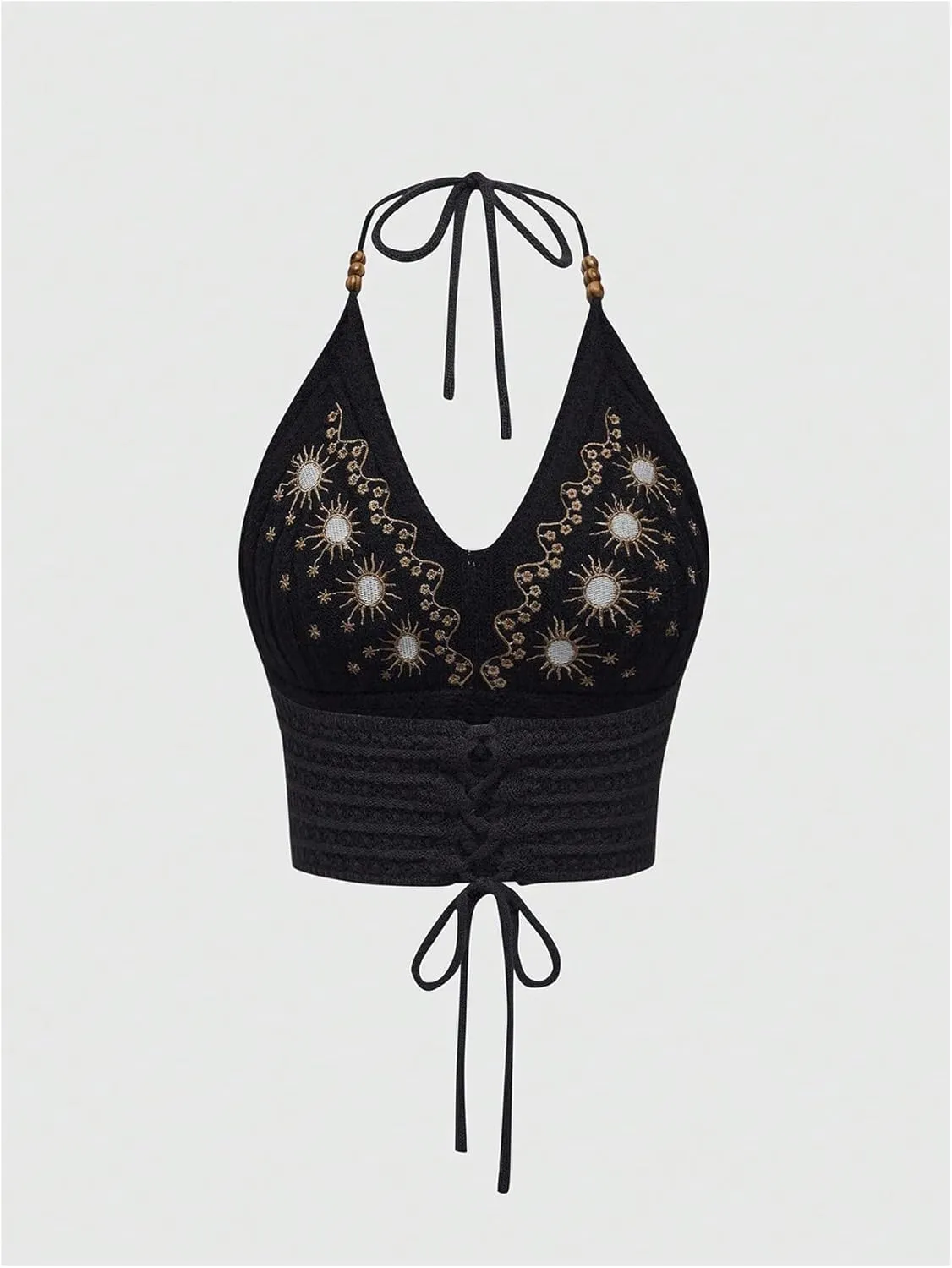 SHENHE Women's Open Back Knitted Halter Crop Top Tie Backless Embroidered Hippie Top