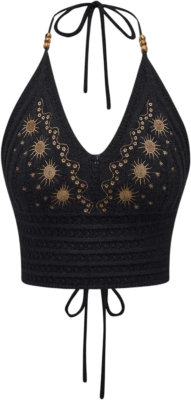 SHENHE Women's Open Back Knitted Halter Crop Top Tie Backless Embroidered Hippie Top
