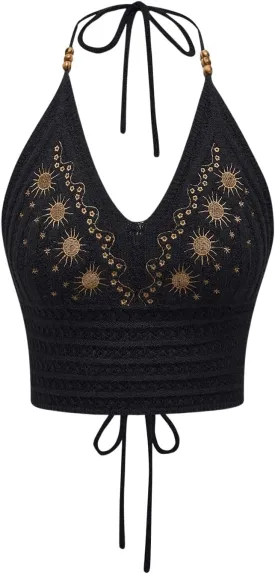 SHENHE Women's Open Back Knitted Halter Crop Top Tie Backless Embroidered Hippie Top