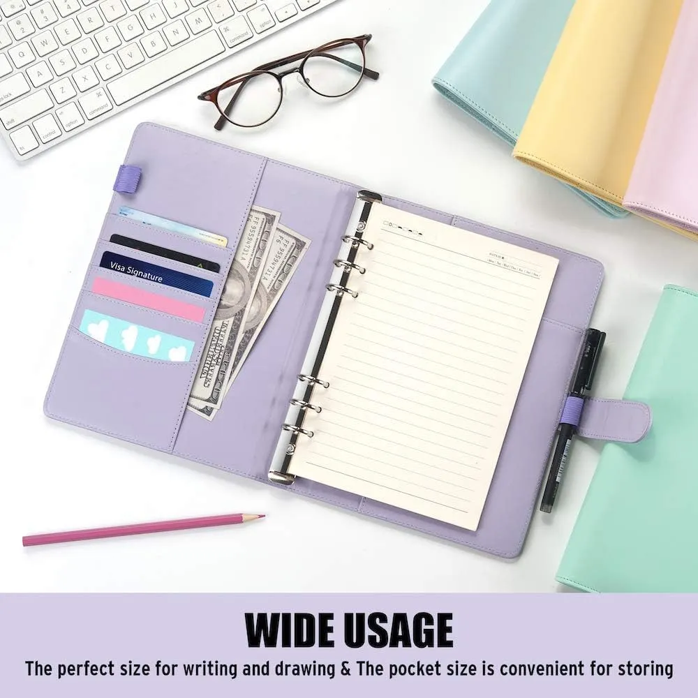 Sooez A5 Notebook Photocard Binder, 6 Ring Planner with Stylish Design, Loose Leaf Personal Organizer Cover with Magnetic Buckle, PU Leather Binder with Macaron Colors (Rose Gold)