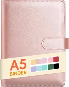 Sooez A5 Notebook Photocard Binder, 6 Ring Planner with Stylish Design, Loose Leaf Personal Organizer Cover with Magnetic Buckle, PU Leather Binder with Macaron Colors (Rose Gold)