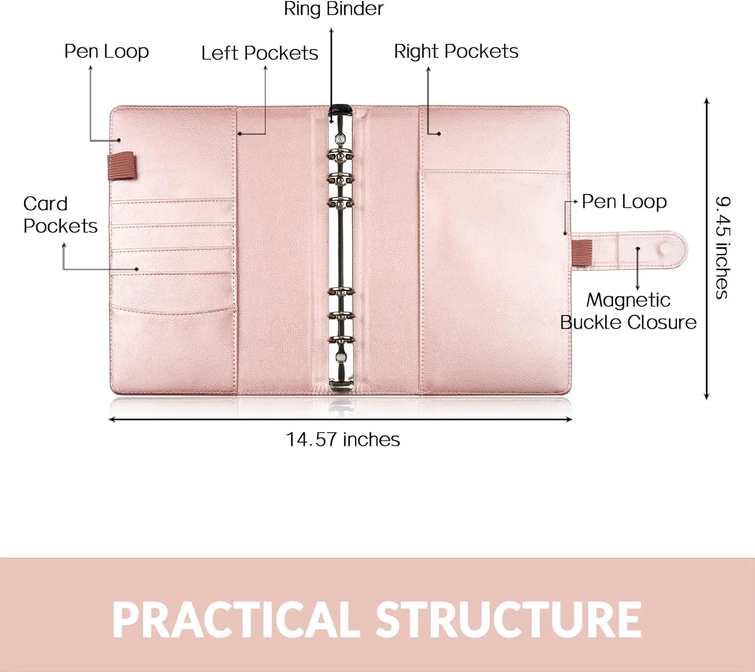 Sooez A5 Notebook Photocard Binder, 6 Ring Planner with Stylish Design, Loose Leaf Personal Organizer Cover with Magnetic Buckle, PU Leather Binder with Macaron Colors (Rose Gold)