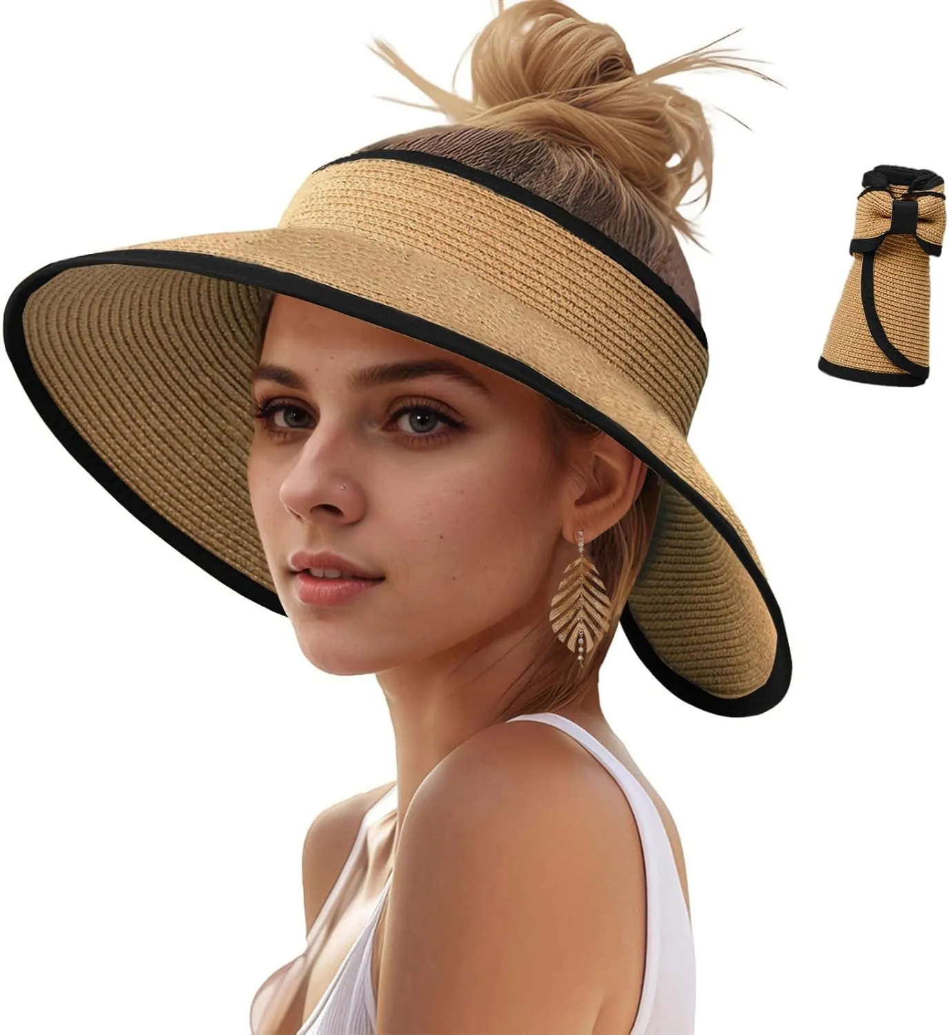 Sun Hats Visor for Women, UV UPF Straw Beach Hat Foldable Wide Brim Ponytail Summer Hats Packable Travel