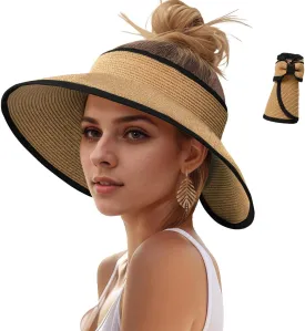 Sun Hats Visor for Women, UV UPF Straw Beach Hat Foldable Wide Brim Ponytail Summer Hats Packable Travel